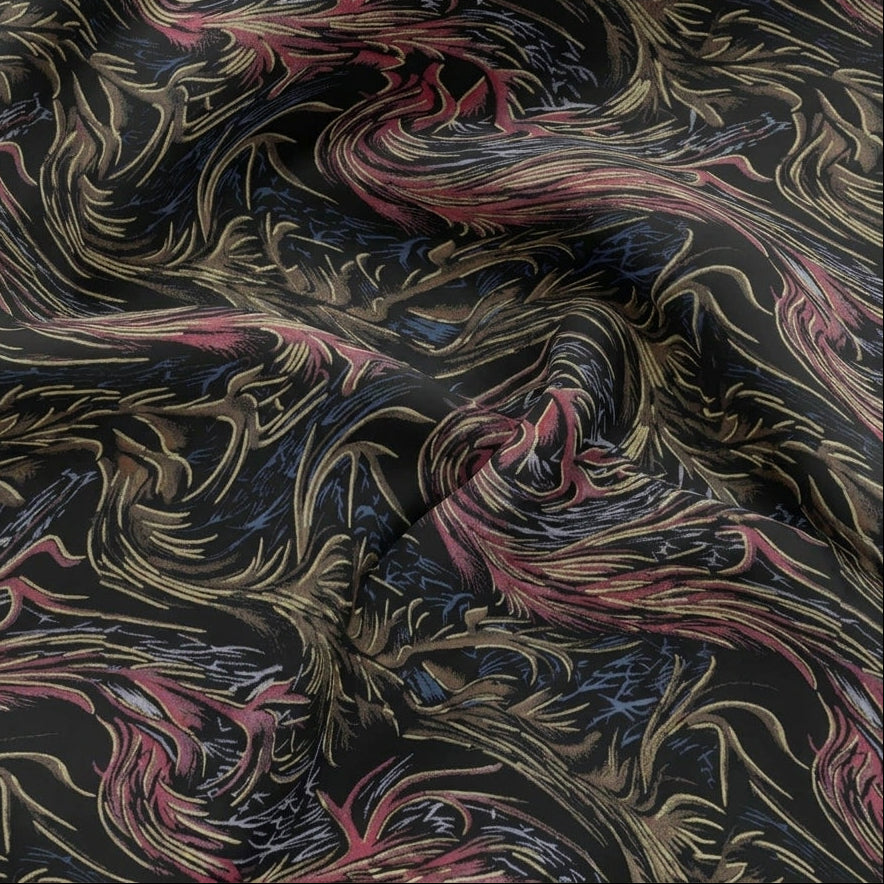 Swirled Black Leaf Rayon Fabric Showing Floil and Drape