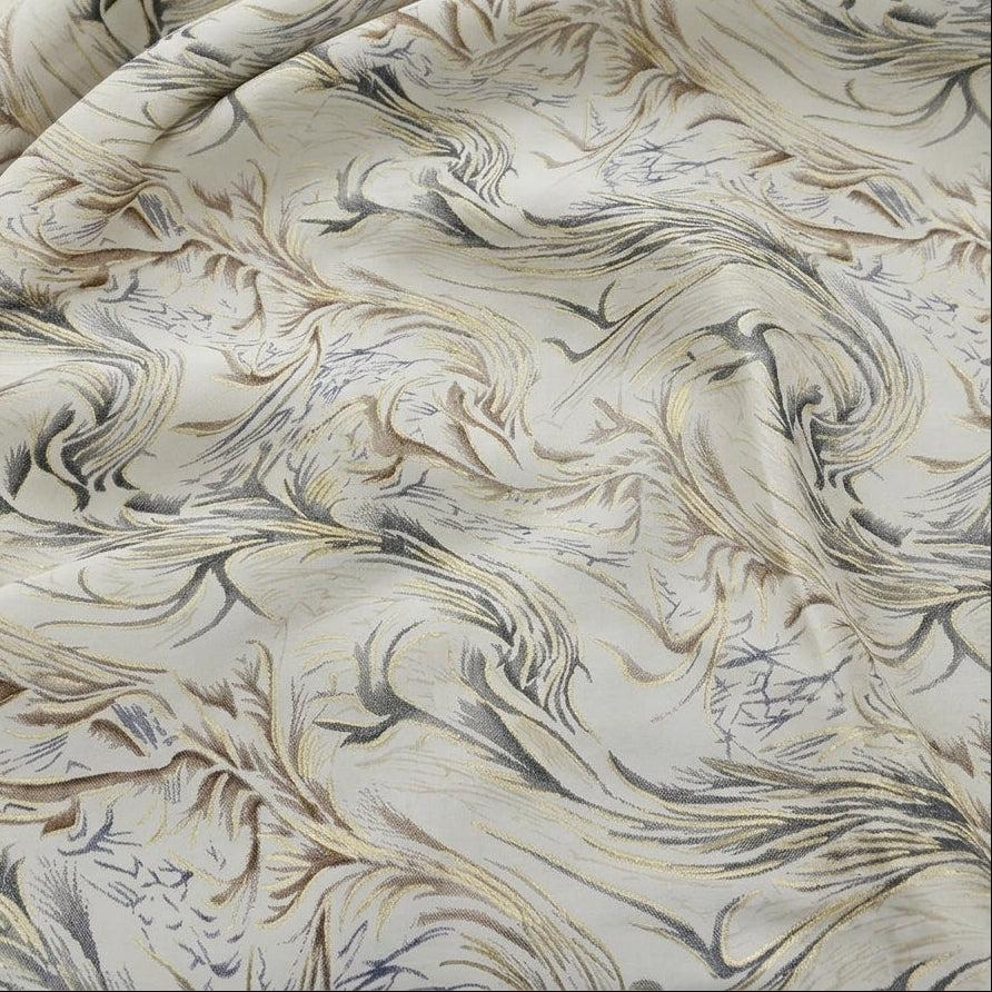 Swirled Cream Leaf Rayon Fabric Showing Foil and Drape