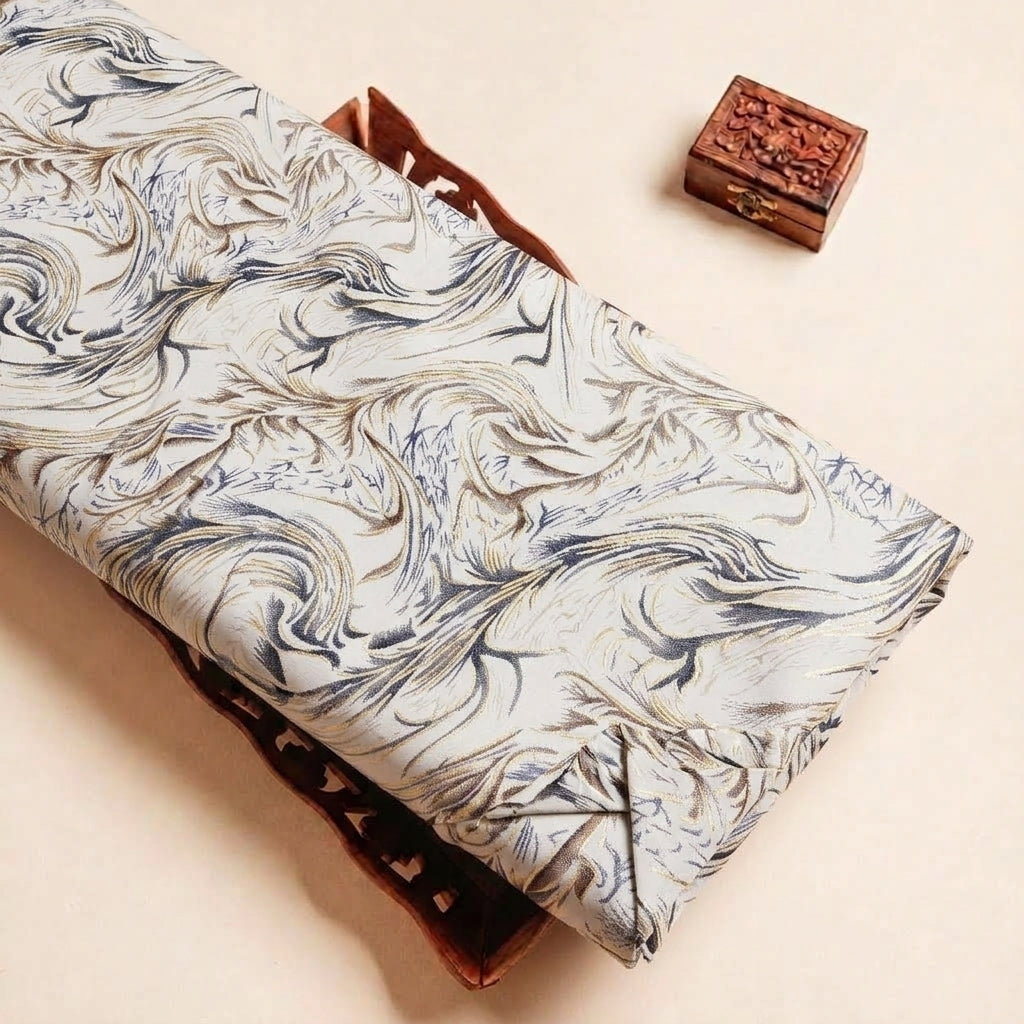 Cream Leaf Rayon Fabric, folded