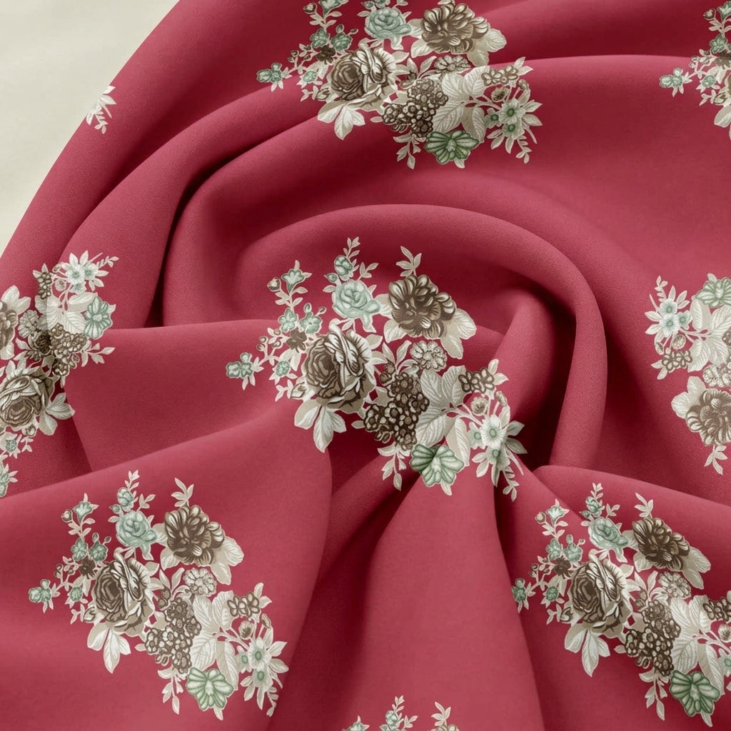 Red Floral Rayon Fabric, swirled to show the drape