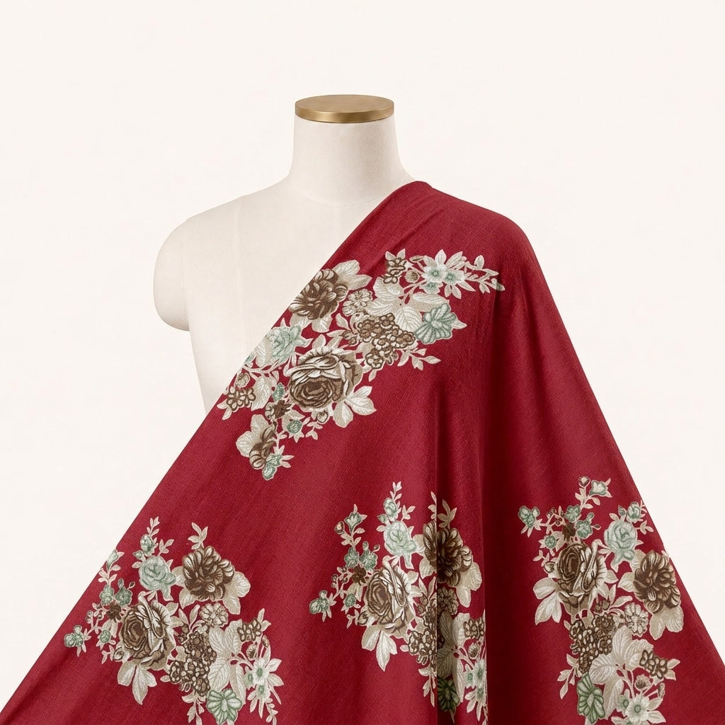 Red Floral Rayon Fabric Draped as a saree
