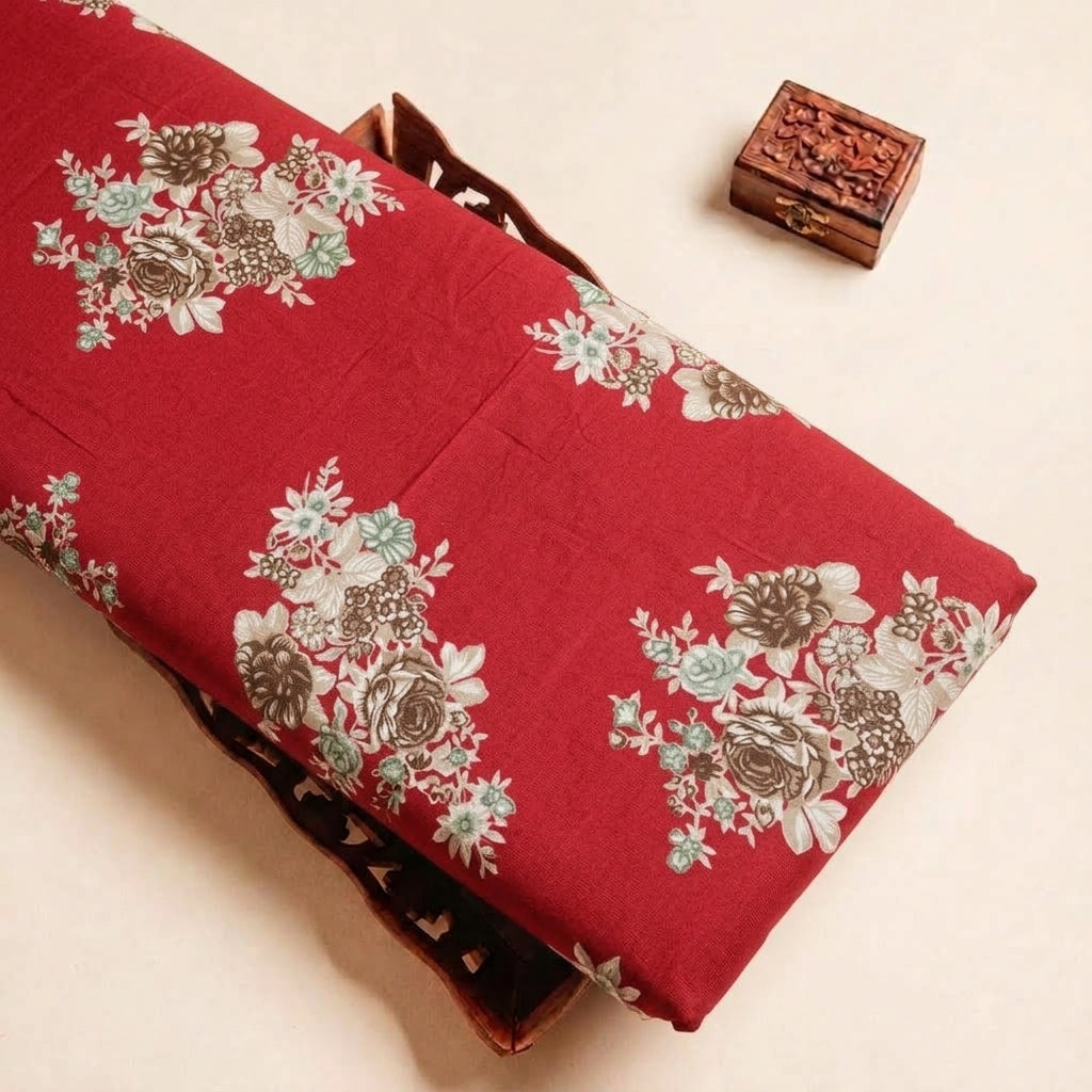 Folded Red Floral Rayon Fabric Highlighting Foil and Texture