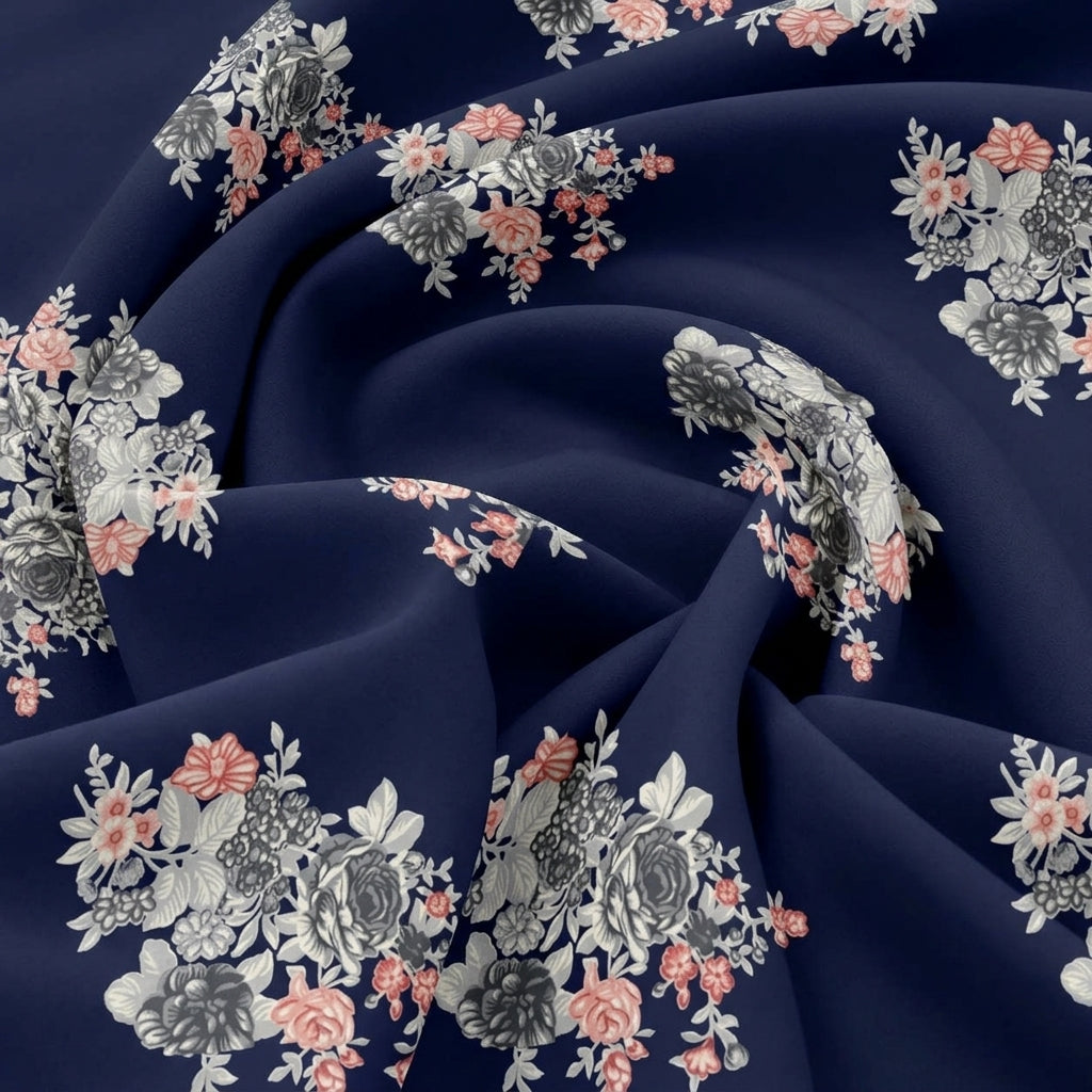 Swirled Blue Floral Rayon Fabric Showing Foil and Drape