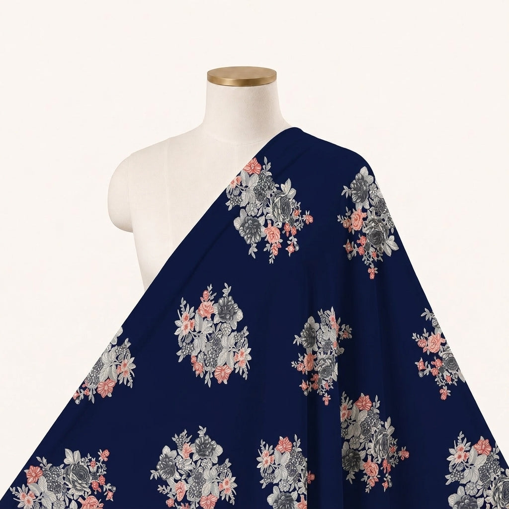 Blue Floral Rayon Fabric Draped as a saree