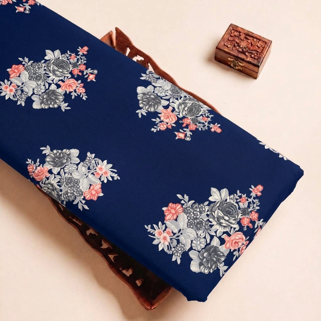 Folded Blue Floral Rayon Fabric Highlighting Foil and Texture