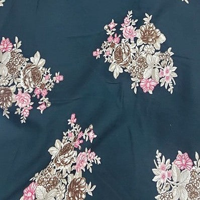 Green Floral Rayon Fabric, laid flat