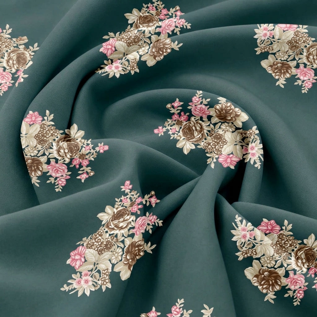 Swirled Green Floral Rayon Fabric Showing Foil and Drape