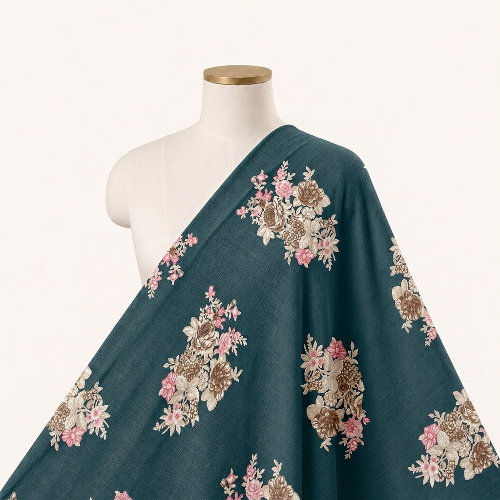 Green Floral Rayon Fabric Draped as a saree
