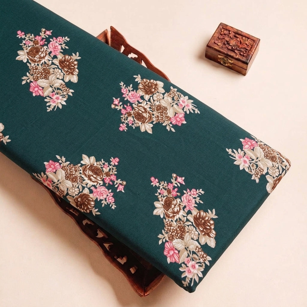 Folded Green Floral Rayon Fabric Highlighting Foil and Texture