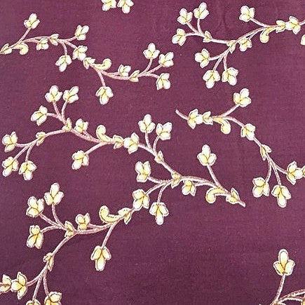 Wine Floral Rayon Fabric, laid flat