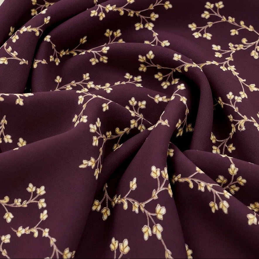 Swirled Wine Floral Rayon Fabric Showing Foil and Drape