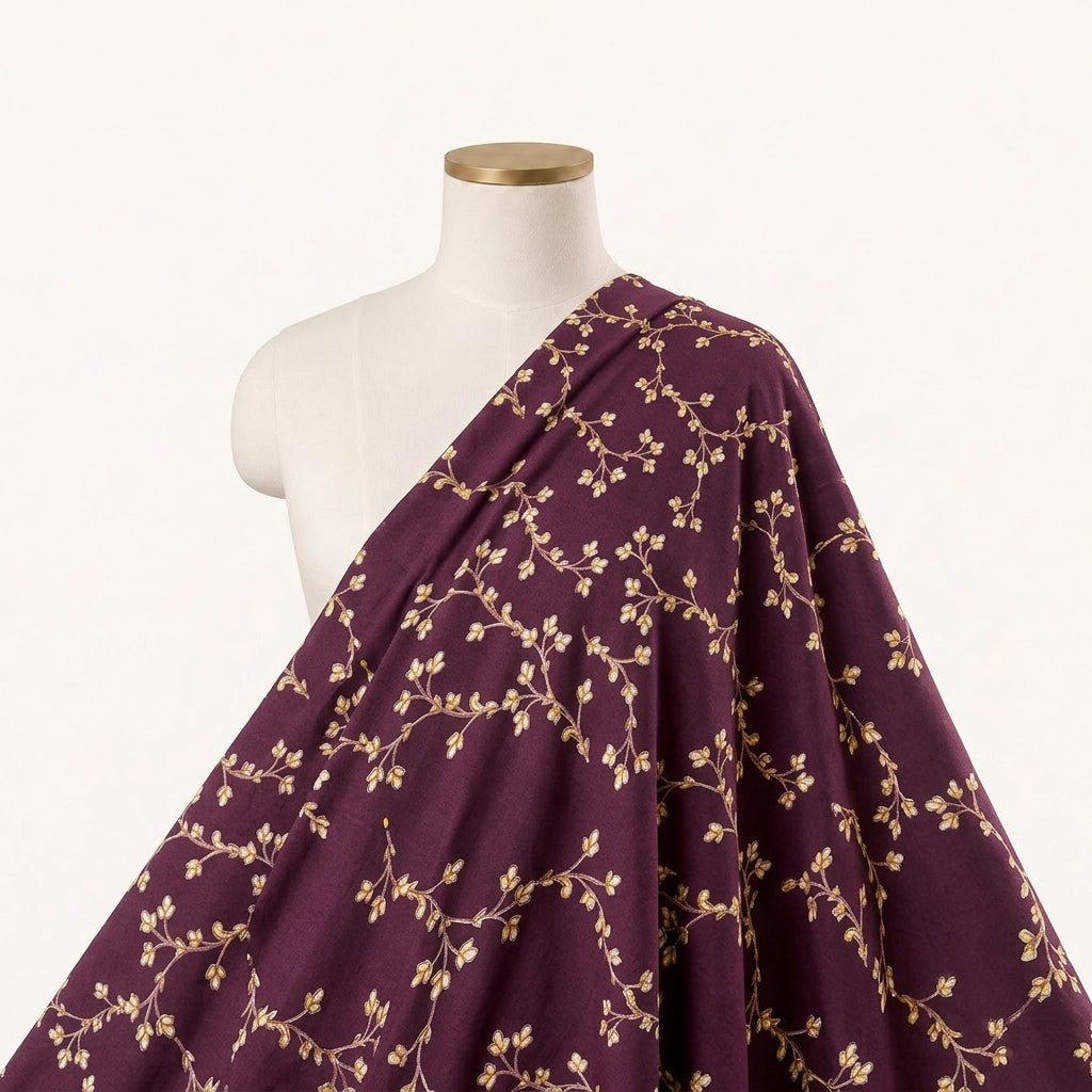 Wine Floral Rayon Fabric Draped as a saree