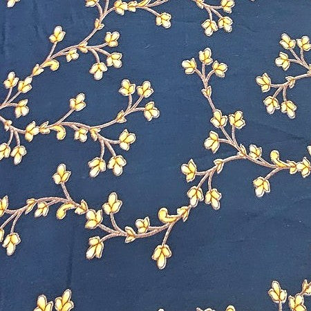 Blue Floral Rayon Fabric, laid flat