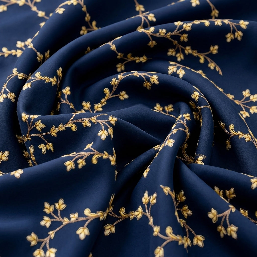 Swirled Blue Floral Rayon Fabric Showing Drape