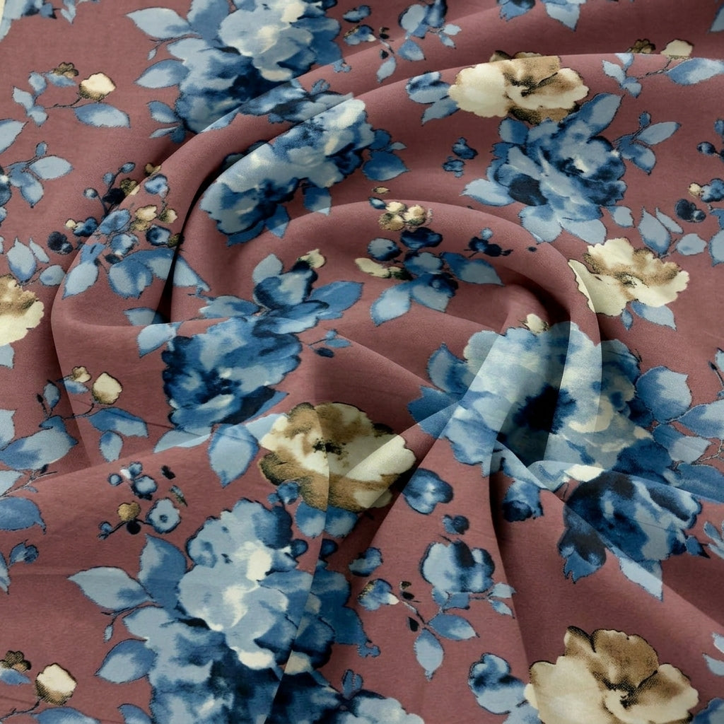 Swirled Brown Floral Crepe Fabric Showing Drape