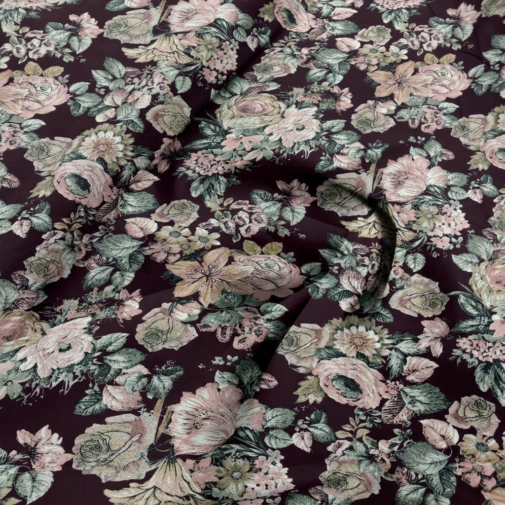 Swirled Wine Floral Crepe Fabric Showing Drape