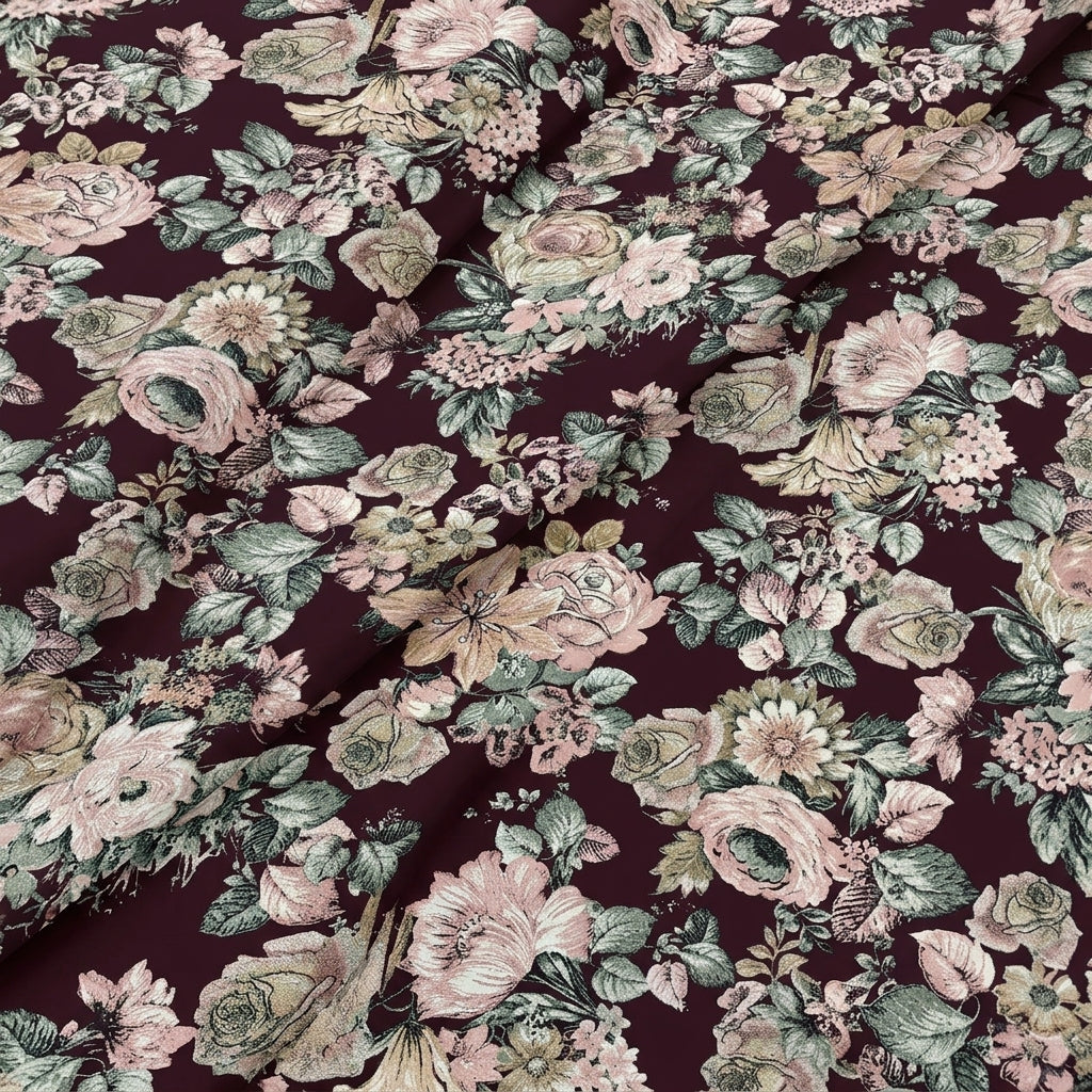 Folded Wine Floral Crepe Fabric