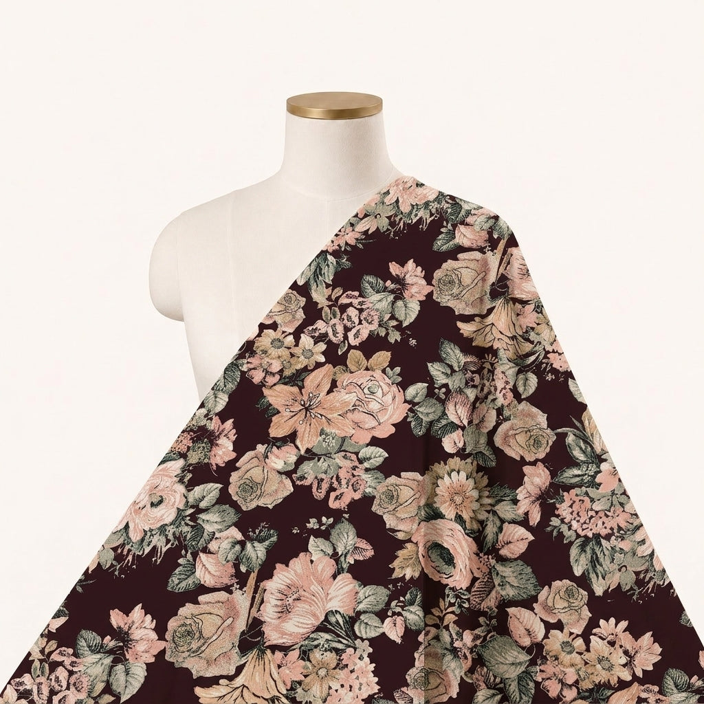 Wine Floral Crepe Fabric Draped as a saree