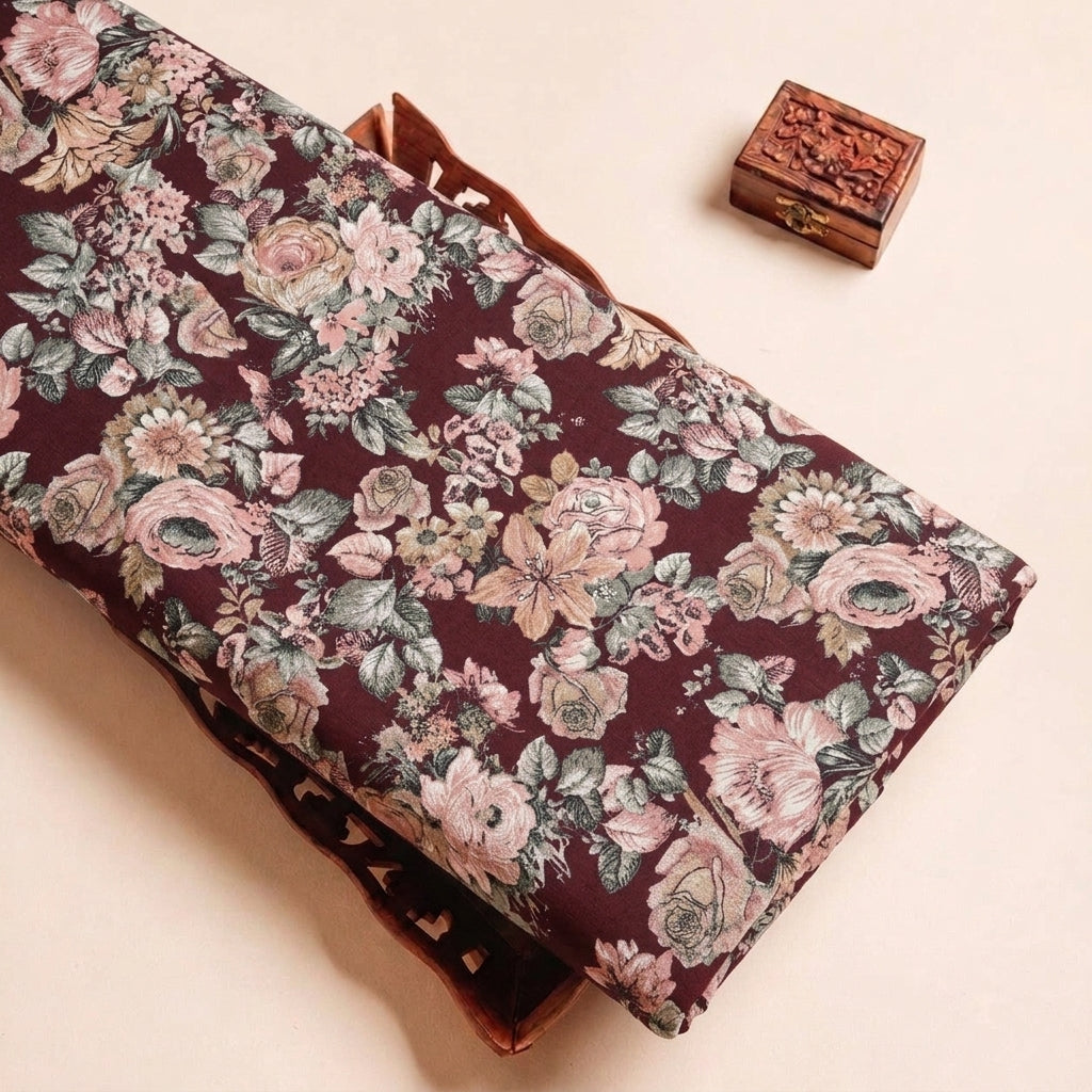 Folded Wine Floral Crepe Fabric Highlighting Texture