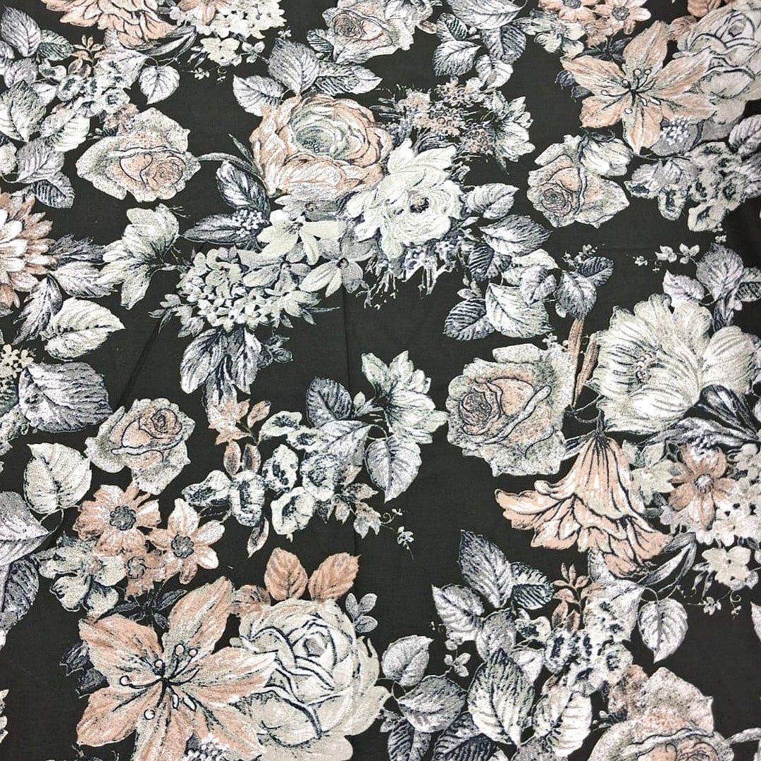 Black Floral Crepe Fabric, laid flat