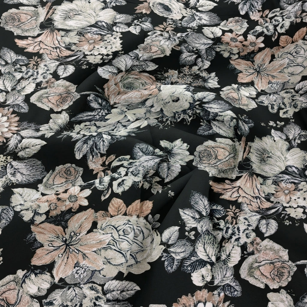 Swirled Black Floral Crepe Fabric Showing Drape