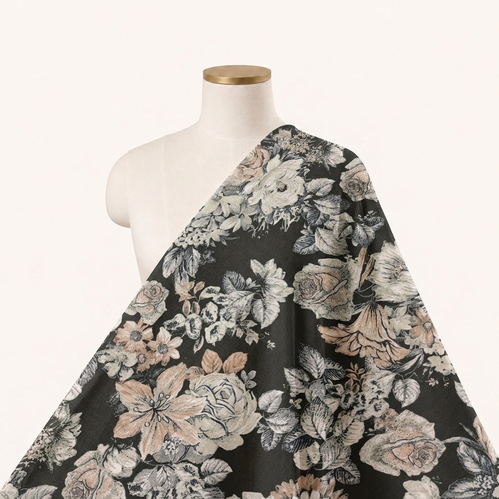 Black Floral Crepe Fabric Draped as a saree