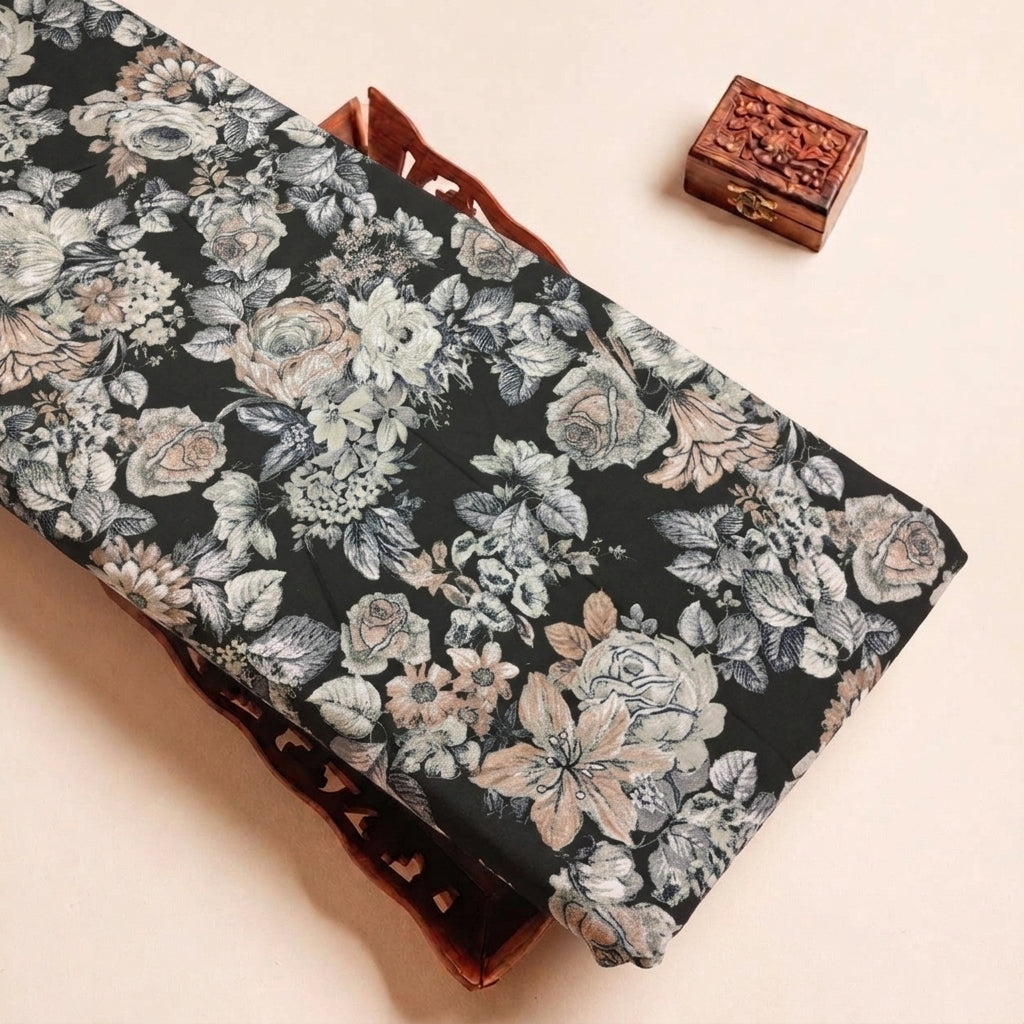 Black Floral Crepe Fabric, folded