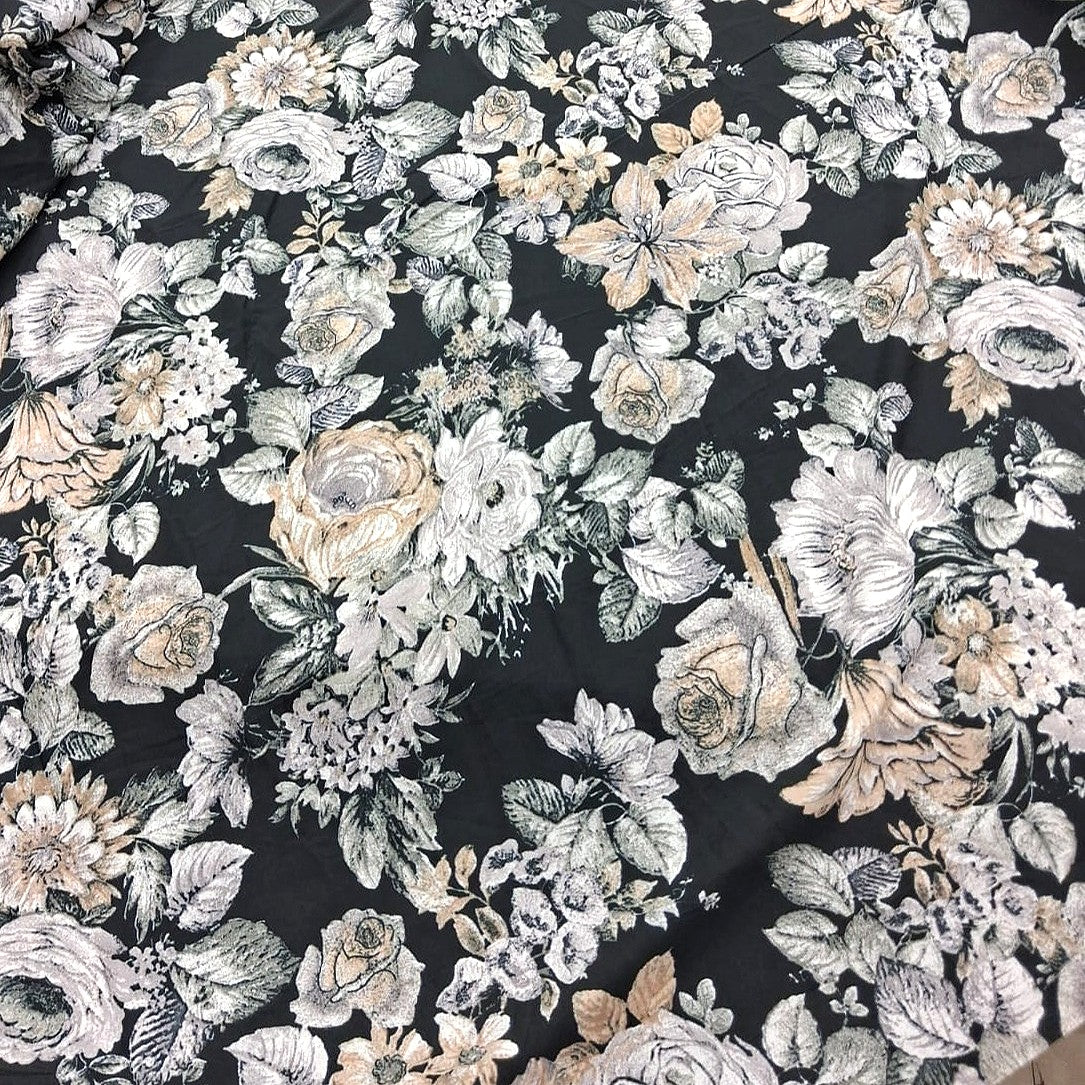 Green Floral Crepe Fabric, laid flat