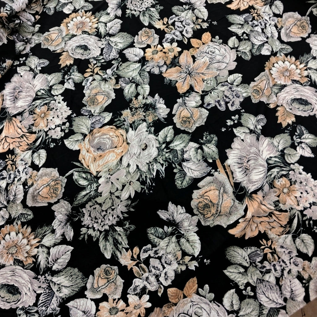 Swirled Black Floral Crepe Fabric Showing Drape