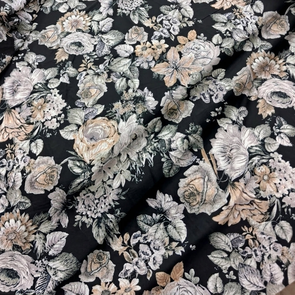 Folded Black Floral Crepe Fabric