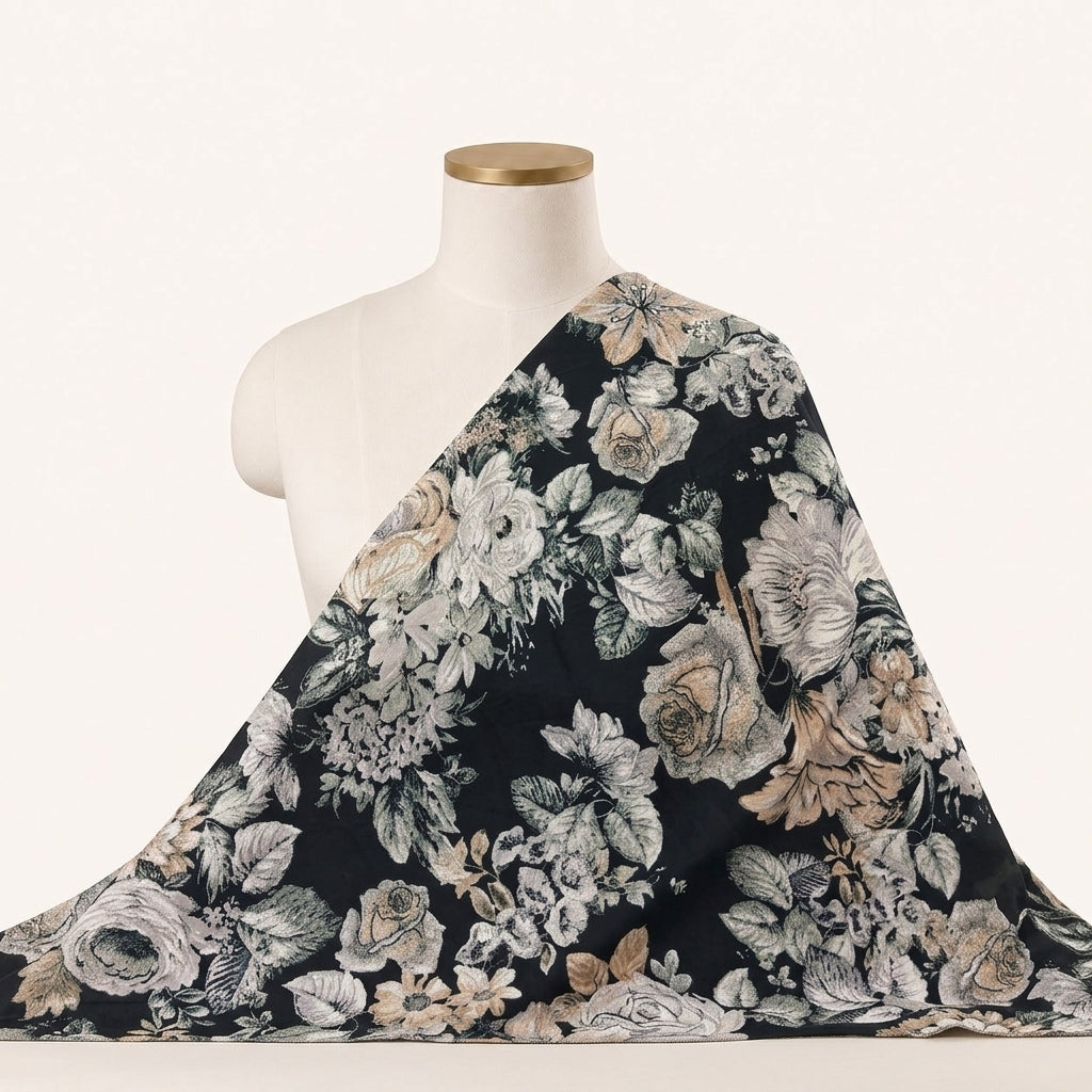 Black Floral Crepe Fabric Draped as a saree