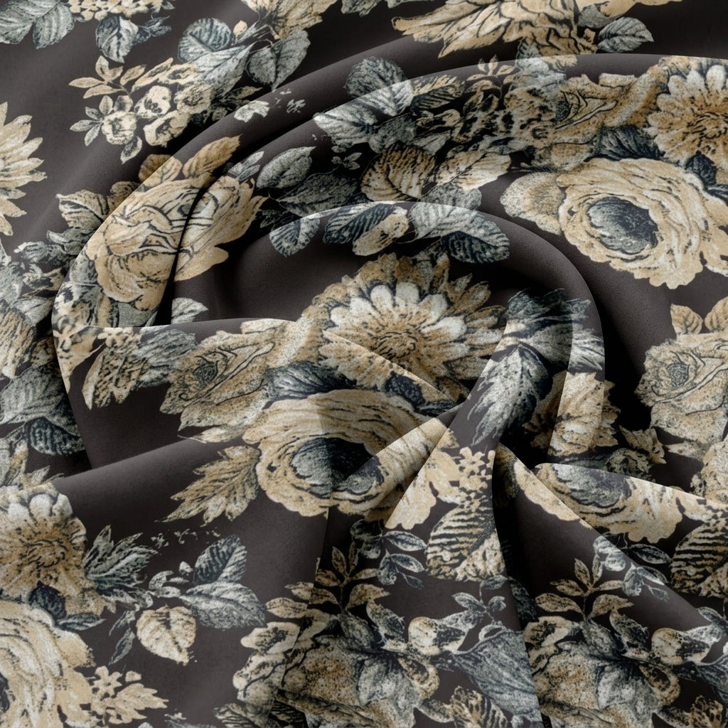 Swirled Brown Floral Crepe Fabric Showing Drape