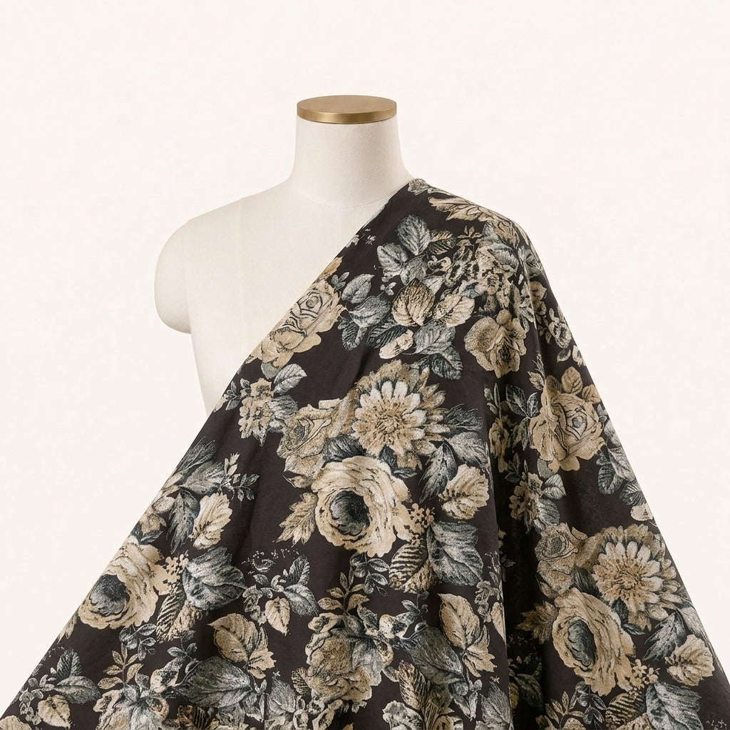 Brown Floral Crepe Fabric Draped as a saree