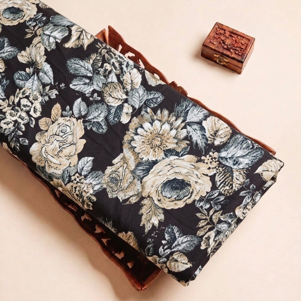 Folded Brown Floral Crepe Fabric Highlighting Texture