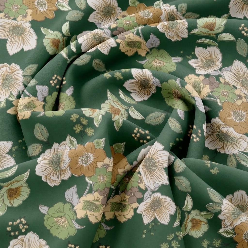 Swirled Green Floral Crepe Fabric Showing Drape