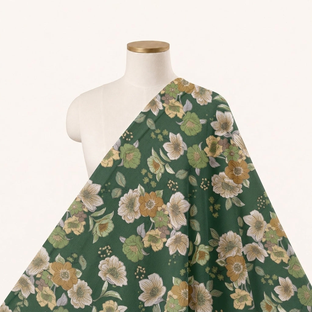 Green Floral Crepe Fabric Draped as a saree