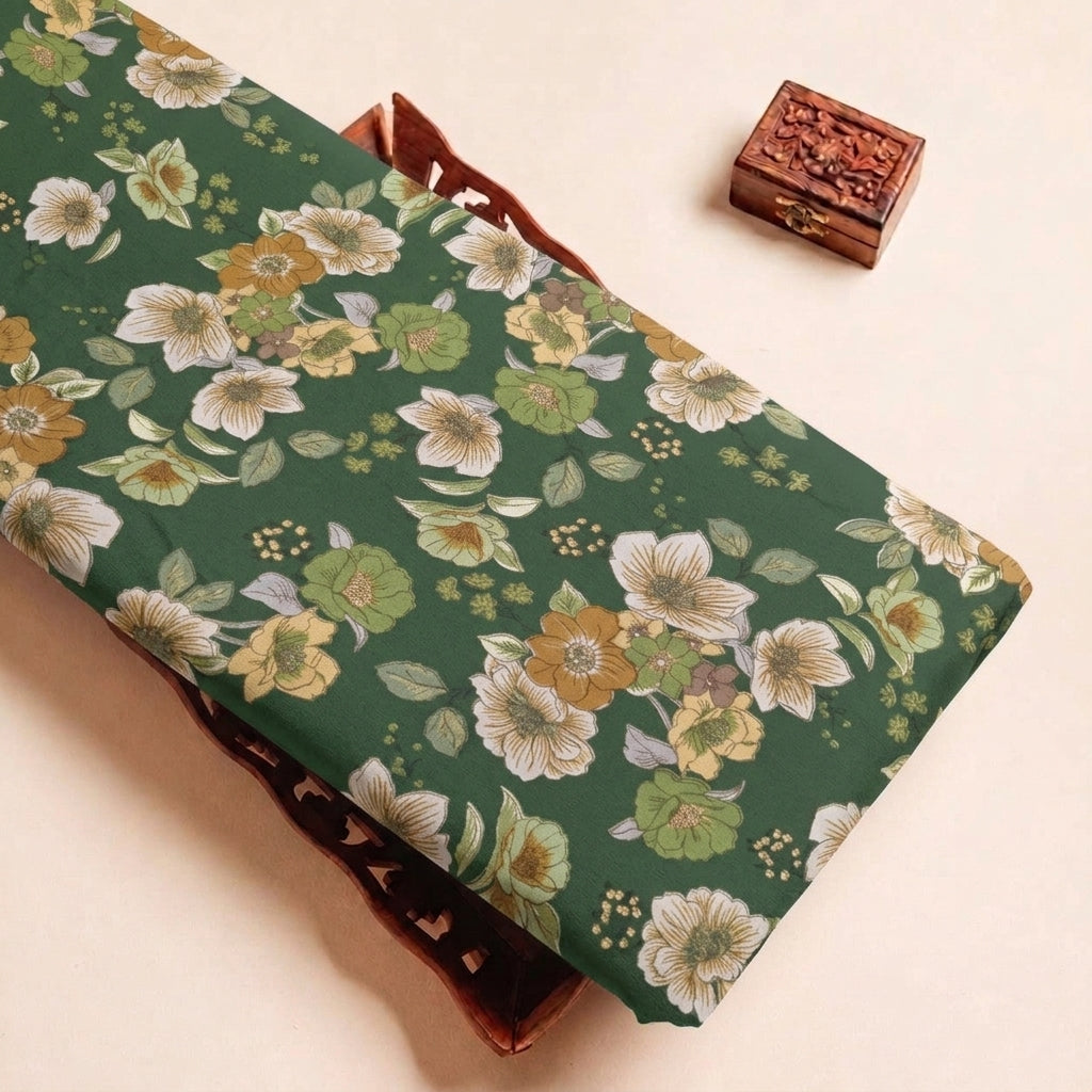 Folded Green Floral Crepe Fabric Highlighting Texture