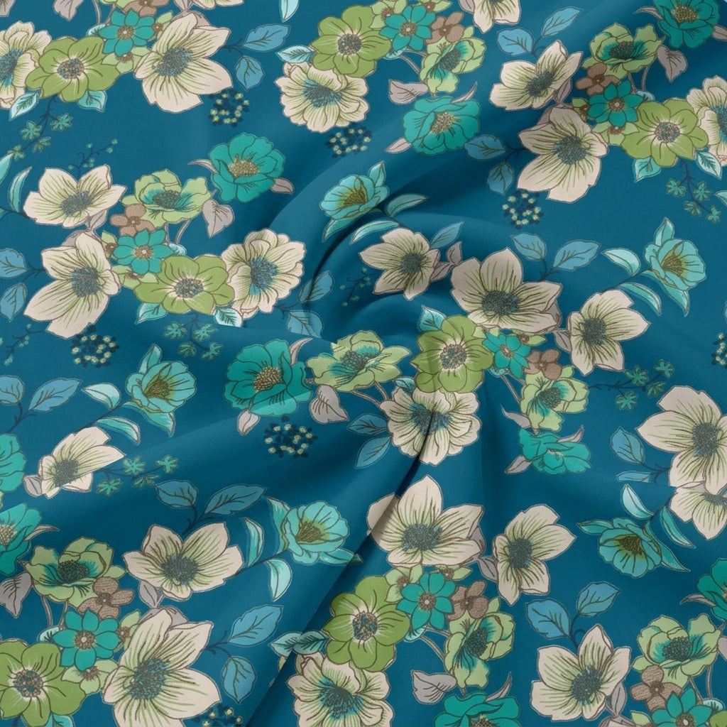 Swirled Blue Floral Crepe Fabric Showing Drape