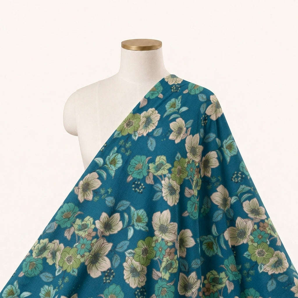 Blue Floral Crepe Fabric Draped as a saree