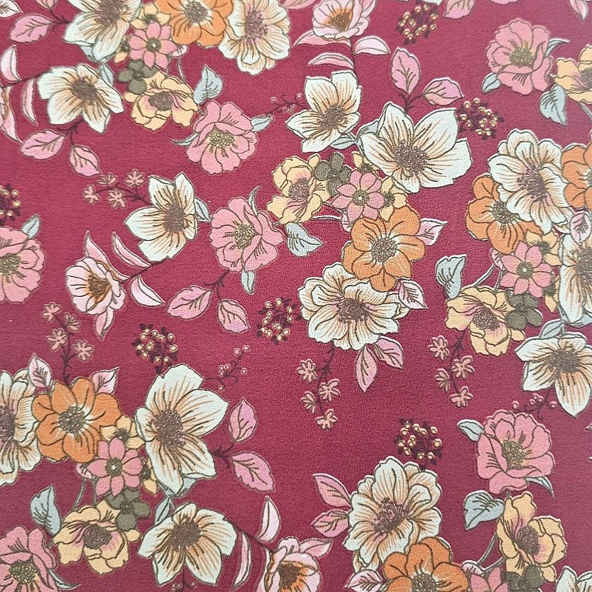 Pink Floral Crepe Fabric, laid flat