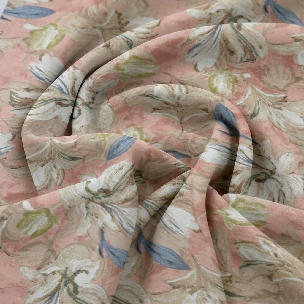 Swirled Peach Floral Crepe Fabric Showing Drape