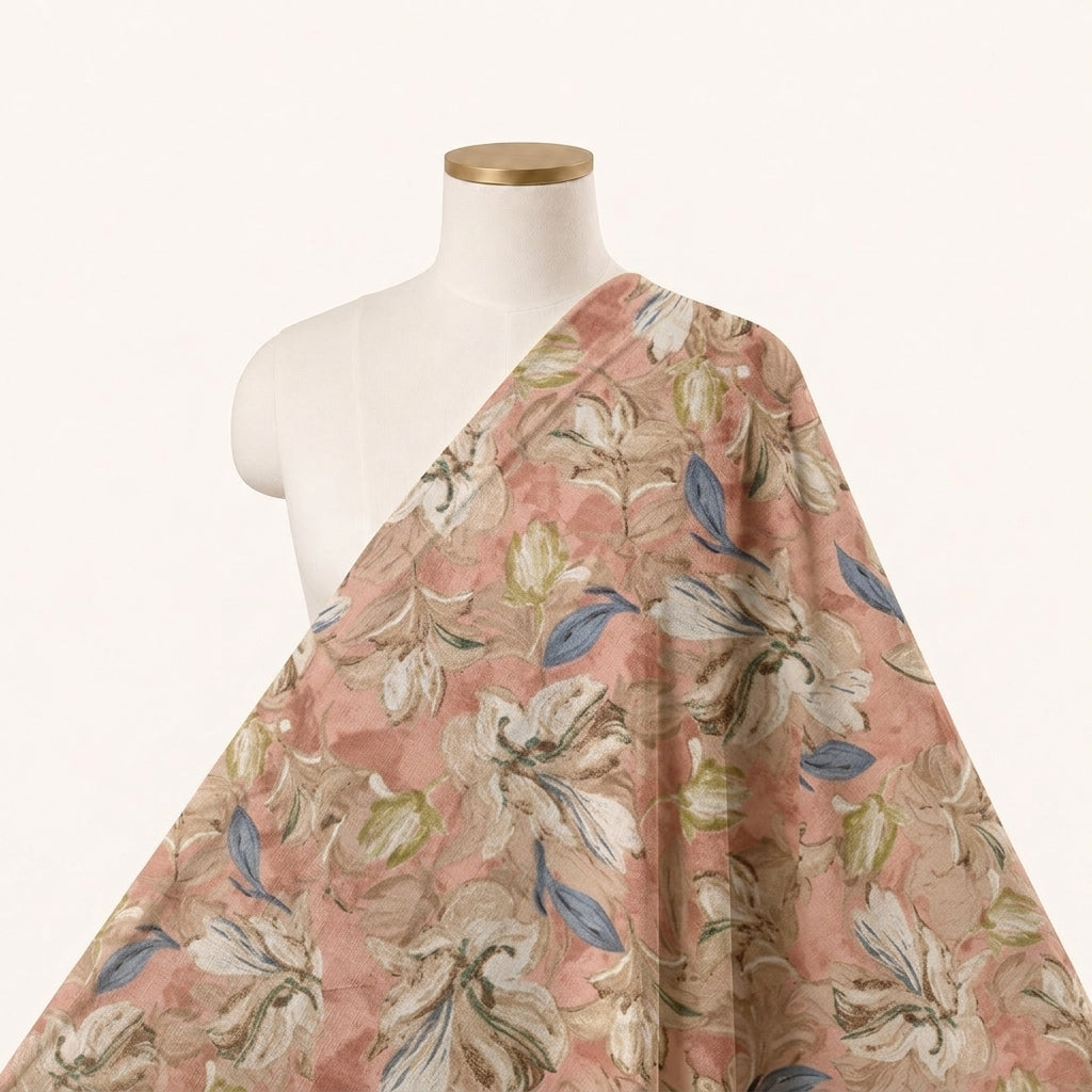 Peach Floral Crepe Fabric Draped as a saree