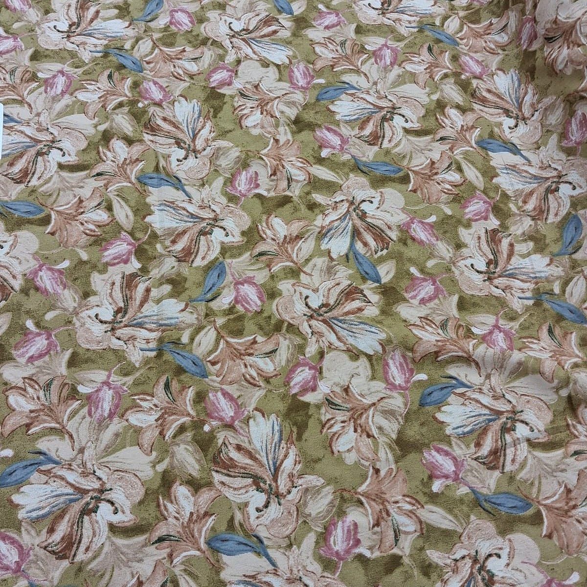 Green Floral Crepe Fabric, laid flat