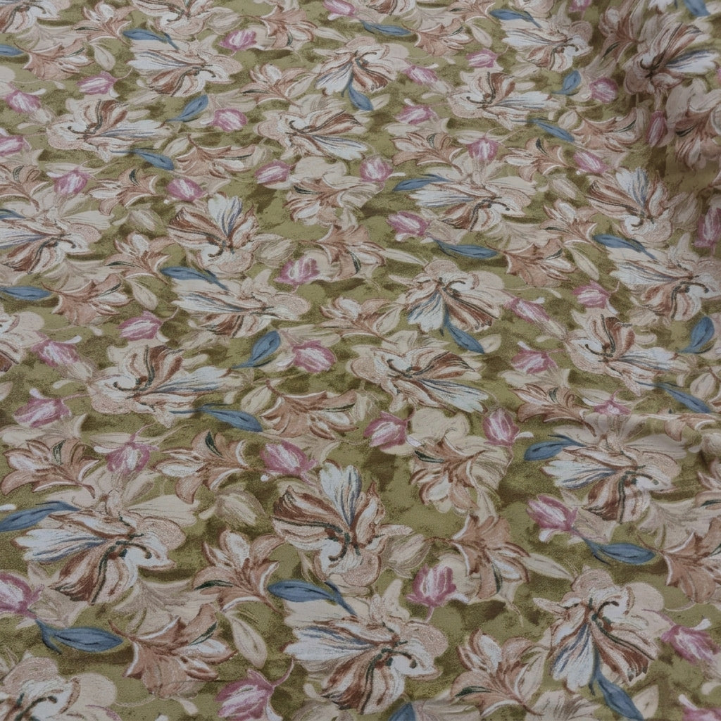 Green Floral Crepe Fabric, swirled to show the drape