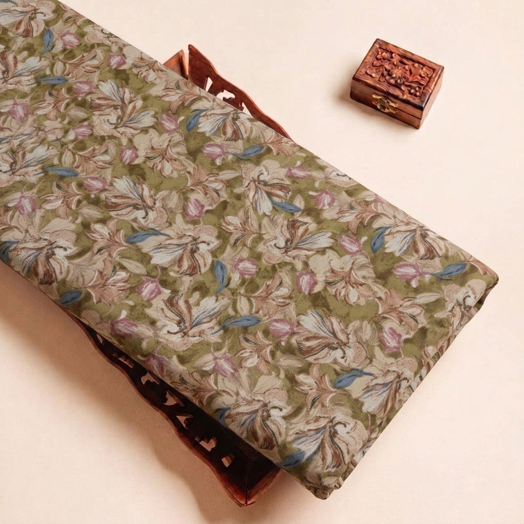 Green Floral Crepe Fabric, folded