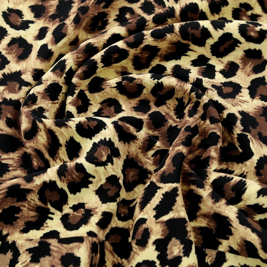 Swirled Brown Animal Print Crepe Fabric Showing Drape