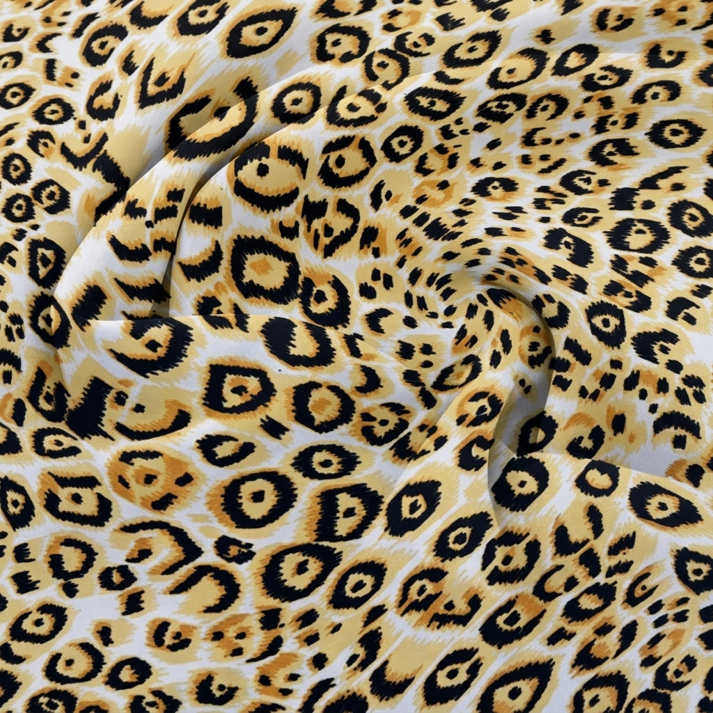Swirled White Animal Print Crepe Fabric Showing Drape