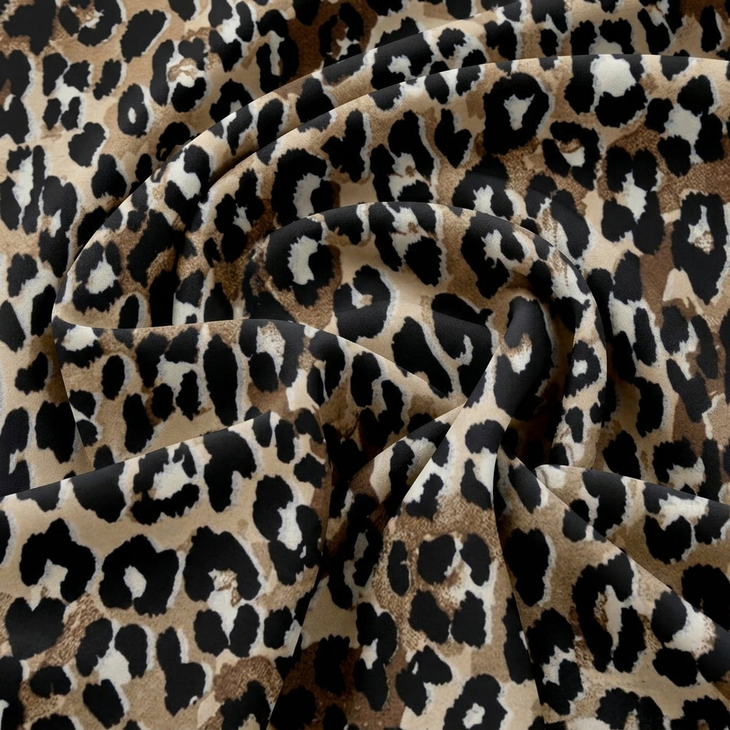 Swirled Brown Animal Print Crepe Fabric Showing Drape