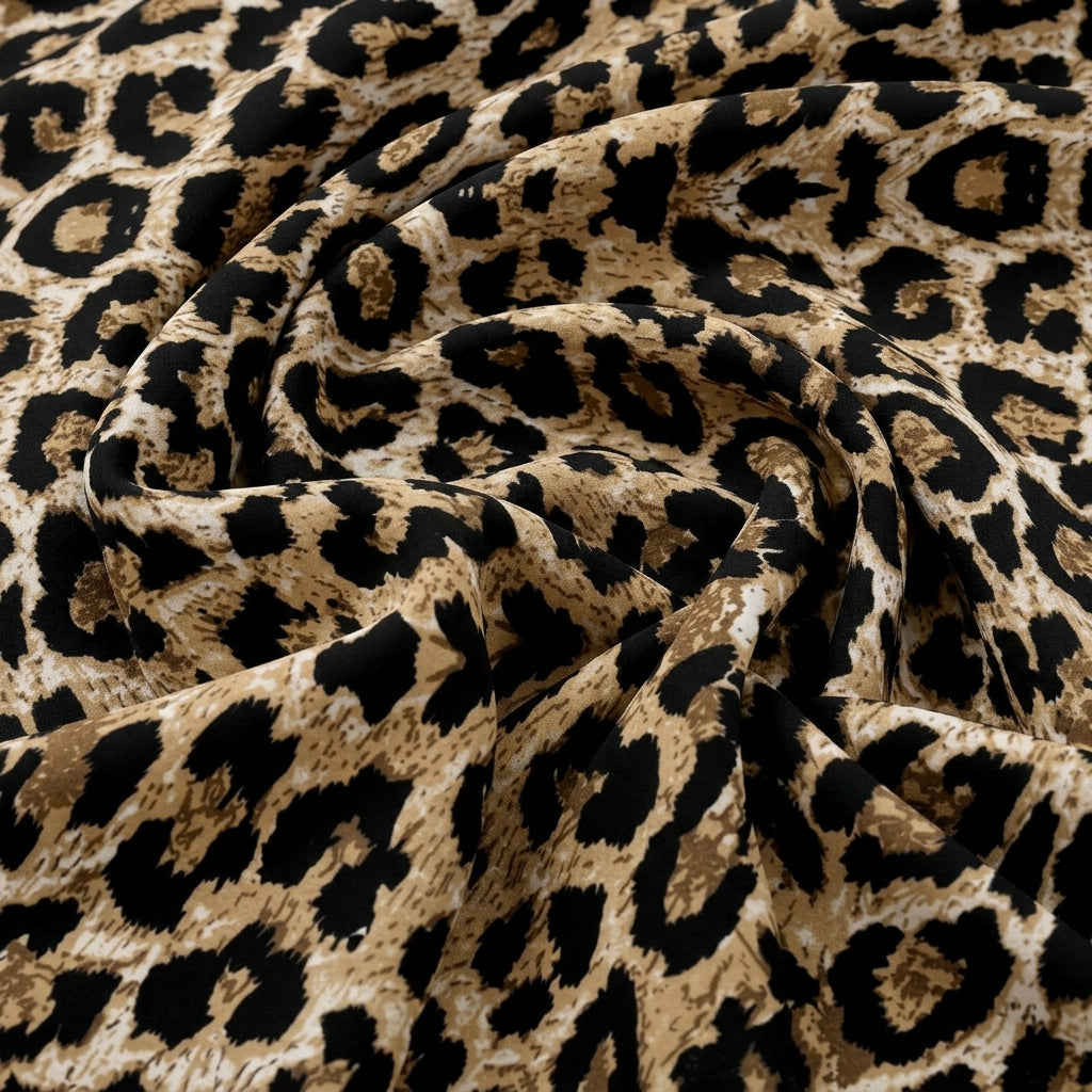 Swirled Brown Animal Print Crepe Fabric Showing Drape
