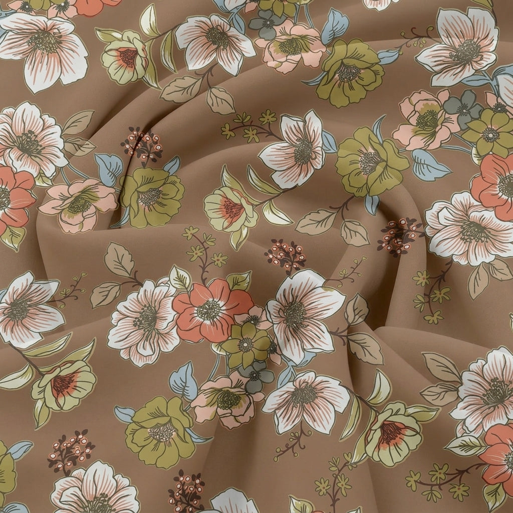 Swirled Brown Animal Print Crepe Fabric Showing Drape
